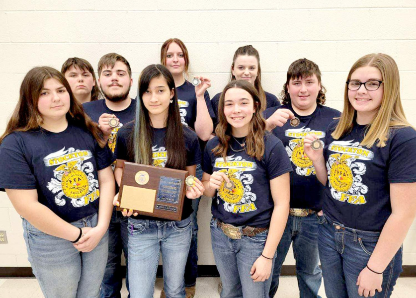 FIRST PLACE went to the Stockton FFA Greenhand team at the NWD Entomology Contest held in Hays. Pictured are the team members (front row, from left): Raven Long, Jalia Creighton, Bodye Stithem, Brin Muir; (second row) Donavan Gosa, Jaxon Dunlap, Kourtney Bigge, Mackenzie Kester and Ryan Mongeau.