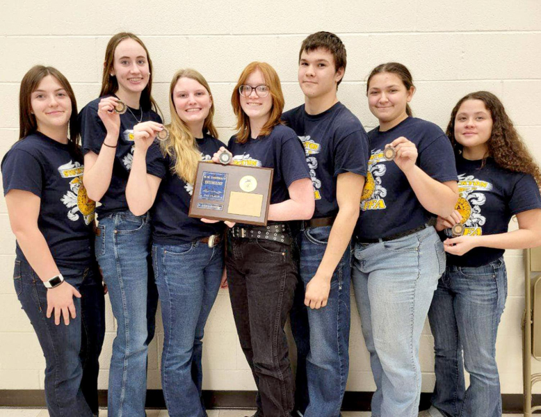 THE STOCKTON FFA SENIOR TEAM came away with second place at the NWD Entomology Contest held in Hays on March 8th. Pictured are (from left): Coryn Hahn, Cappi Hoeting, Jolee Sterling, Rachel Dryden, Zach Young, Raven Long and Tegan Bell.