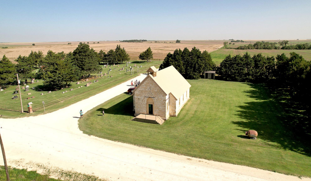 FAMILY AND FRIENDS gathered Saturday, June 18, at the Ash Rock Church and Cemetery to remember Gary Elder. This beautiful aerial photo, sent to the Sentinel from Gary’s wife, Dolores, was taken by her son-in-law, Ed McLean.