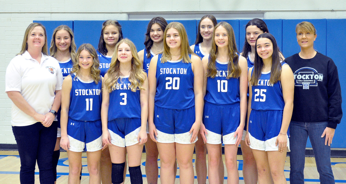 MEMBERS OF THE 2022-23 STOCKTON HIGH SCHOOL GIRLS BASKETBALL TEAM are from left: Coach Alexa Rogers, Ava Dix, Brooke Kephart, (Paytyn McNulty), Saj Snyder, Aubrey Kesler, Brin Muir, Cappi Hoeting, Cheyenne Hoeting, Mackenzie Kester, Bodye Stithem, and Coach Janet Kuhlmann.