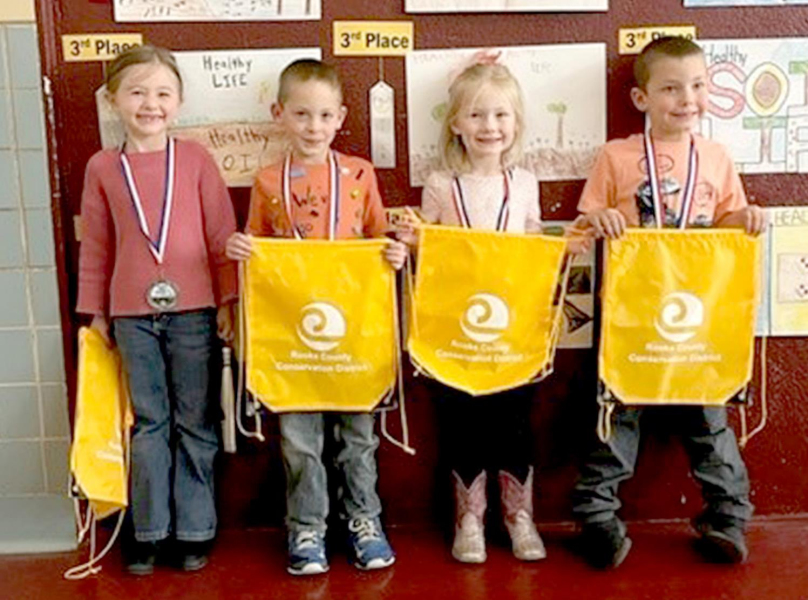 KINDERGARTEN POSTER WINNERS from Rooks County for 2021 include, from left: 1st place. Kendrix Hamel, Plainville Grade School; 2nd Place, Blake Hrabe, Sacred Heart; 3rd Place, Kambree Benoit, Damar Elementary; and 4th Place, Korbyn Vallery, Damar Elementary.