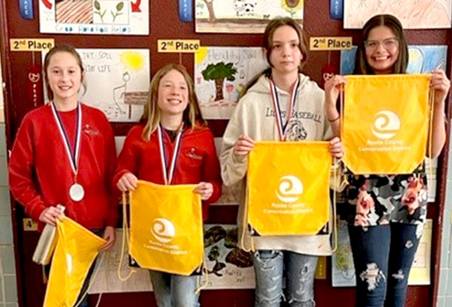 SIXTH-GRADE POSTER WINNERS from Rooks County for 2021 include, from left: 1st place, Savanah Slaubaugh, Sacred Heart; 2nd Place, Quinton Maddox, Sacred Heart; 3rd Place, Elizabeth Deutscher, Sacred Heart; and 4th Place, Lilianna Sherraden, Sacred Heart