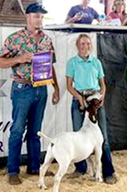 GRAND CHAMPION MEAT GOAT was exhibited by Johnni Hilbrink of the Helpful Hands 4-H Club. The Reserve Champion Meat Goat was exhibited by Jolee Sterling of the Mt. Pleasant 4-H Club. (Courtesy Photo)