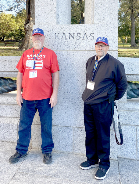 JIM ROGERS AND DELWIN LARUE paused for a photo in front of the Kansas area of the World War II Memorial in Washington, D.C. Their visit to the war memorials was part of their Honor Flight itinerary.