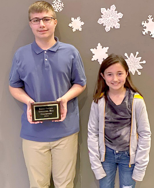 PEYTON KROB from Plainville is this year’s Rooks County Spelling Bee Champion. Peyton will represent the County at the Sunflower State Spelling Bee in Wichita on Saturday, March 26th. Pictured are Peyton and runner-up Corbyn Glendening of Stockton.