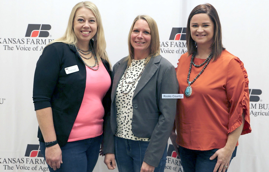 MEMBERS FROM ROOKS COUNTY joined nearly 400 Farm Bureau members of Kansas during Kansas Farm Bureau's 2024 Annual Meeting in Manhattan Dec. 7-9. Pictured here are, from left, Anna Luna, Michelle Stithem, and Jess Beesley.They wrapped up important business for their farm organization after debating and adopting policy statements for 2025.These policies will now become the road map for the organization during the upcoming legislative session.