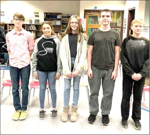 REPRESENTING STOCKTON at the Rooks County Spelling Bee on Monday, February 3 at Sacred Heart School in Plainville will be Stockton Grade School Champion Jack Gasper, Bodye Stithem, Cheyenne Hoeting, Garrett Billinger and alternate Kagan Dix.