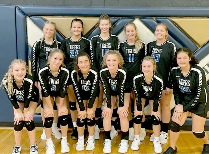THIRD-PLACE FINISHERS! The Stockton Lady Tigers placed third at the JV Volleyball Tournament held last Saturday in Phillipsburg. The ladies picked up wins of Colby and Ellis en route to their third-place finish. Those competing were, front row, from left: Saj Snyder, Temprance Northup, Bodye Stithem, Ashlyn Hahn, Brooke Kephart and Piper Creighton; and back row, from left: Karleigh Horn, Paytyn McNulty, Aubrey Kesler, Ava Dix and Brin Muir.  (Courtesy Photo)