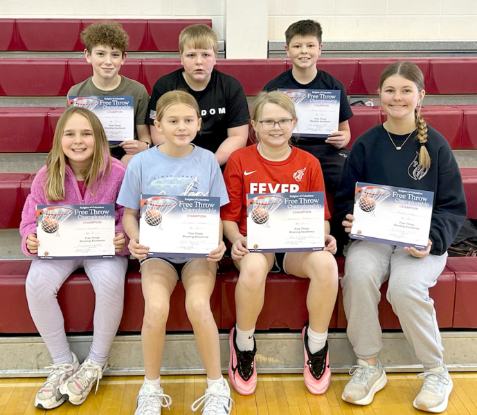 HEADING TO THE DISTRICT KNIGHTS OF COLUMBUS FREE THROW CONTEST IN PLAINVILLE this Sunday, February 1st are (front row, from left) Ruthie Brewster, Lizzie Jackson, Mackenzie Jackson, Kinsley Casey; (back row, from left) Blake Nuttle, Max Brewster,and Brody Axelson. Picture)