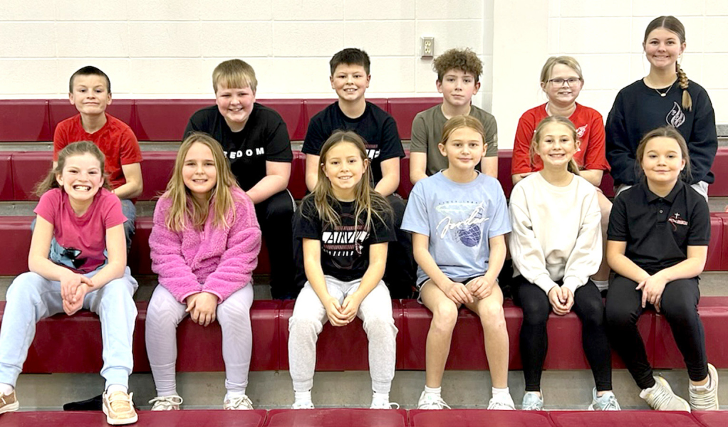 PARTICIPATING INTHE SACRED HEART KNIGHTS OF COLUMBUS FREETHROW CONTEST on Sunday, January 25th, in Plainville, were (front row, from left) Reagan Riley, Ruthie Brewster, Bridget Axelson, Elizabeth (Lizzie) Jackson, Amelia Casey, Delaney Lawver; (back row, from left) Ryker Riley, Max Brewster, Brody Axelson, Blake Nuttle, Mackenzie Jackson, and Kinsley Casey. (Courtesy Picture) (Courtesy