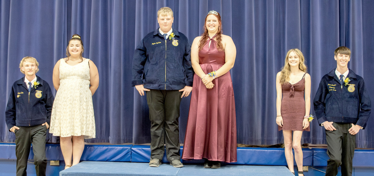 THE 2024 STOCKTON FFA GOBLIN’S GLORY ROYAL COURT are (from left) Kagan Dix, Rivver Long, King Taylor Inglsbee, Queen Kourtney Bigge, Jozie Ludy, and Jack Gasper.