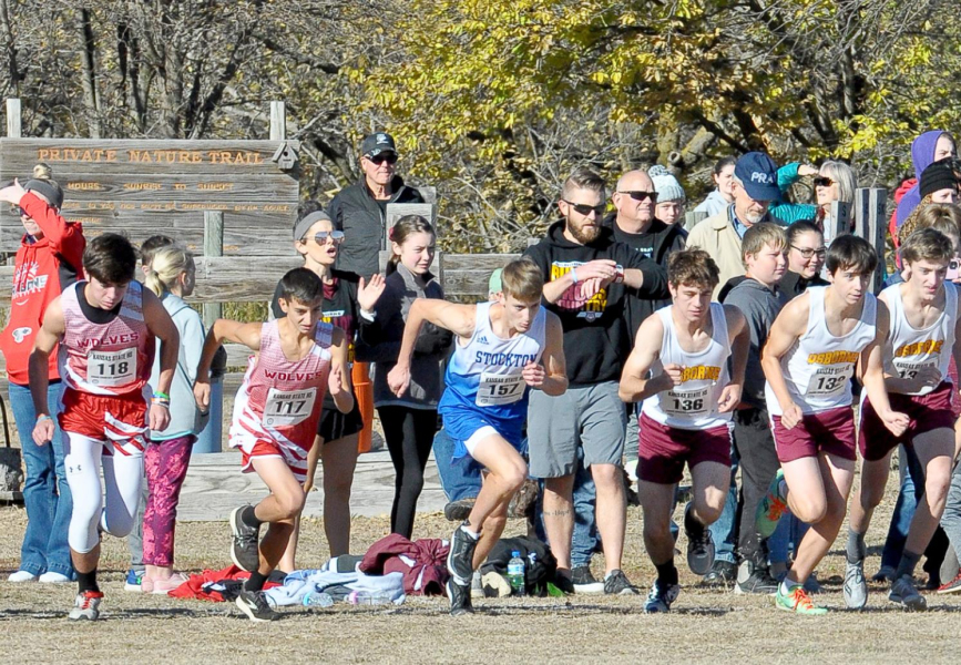 AND THEY’RE OFF! With the sound of the gun, the 95 competitors in the Class 1A State Cross Country Championships hit the trail for a shot at making the awards stand. Stockton’s Jonny Hamel (middle) garnered himself a seventh-place medal with a PR time of 17:16.5 for the 5K race