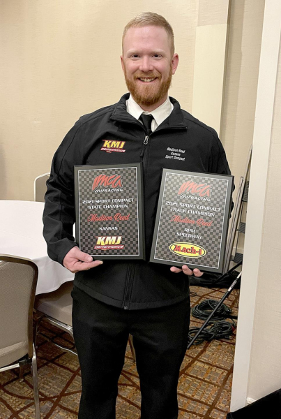 MADISON REED received his award for the Kansas State Champion in the Sports Compact Division at the IMCA National Banquet held in Lincoln, Nebraska on Saturday, November 27th. He also received the award as Hays’ Rolling Plains Motor Speedway Track Champion.