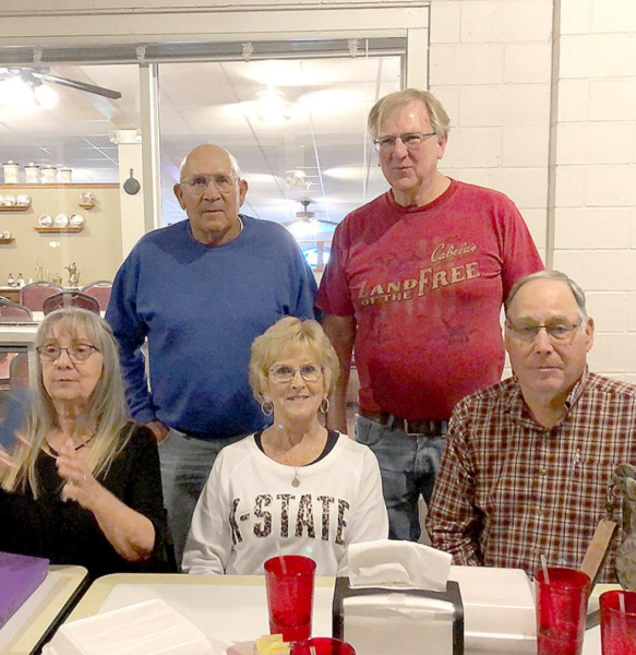 A FEW OF THE CLASSMATES from Woodston Rural High School Class of 1965 gathered at the Sand Trap in Phillipsburg Thursday evening last week. Pictured back row, from left: Steven McDowell of Arizona and Max Linn Dibble of Phillipsburg; and front row, from left: Patty (Mason) Northup, Phillipsburg, Janese (Denio) Townley, Stockton; and Steven Melton of rural Stockton.