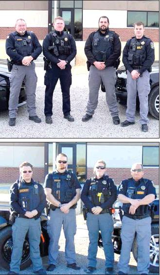 THE ROOKS COUNTY SHERIFF’S DEPARTMENT OFFICERS consist of (top picture) Deputy Don Earl, K-9 Sgt. Nolan Weiser, Deputy Randy Benoit, and Deputy Quintin Silsby; (bottom picture) Deputy Jesse Goodenow, Deputy Ben Larson, Deputy Lauren Tucker and Lieutenant Collin Hockett.