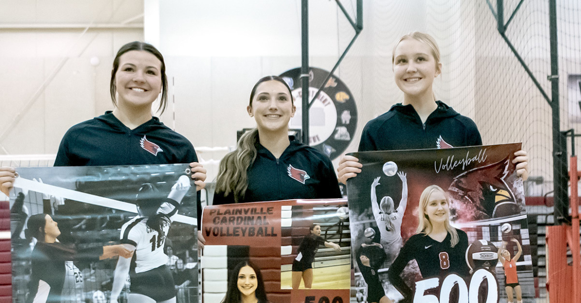 THREE PLAINVILLE LADY CARDINALS were recognized last Tuesday for reaching impressive career milestones on the volleyball court this season. Senior Lillian Garcia joined the 500 Club with 500 career kills, while fellow senior Shelby Molina reached 500 career digs. Sophomore Khloe Tweedy also earned a spot in the 500 Club, recording 500 career assists. Congratulations to these three Lady Cardinals on their outstanding accomplishments!