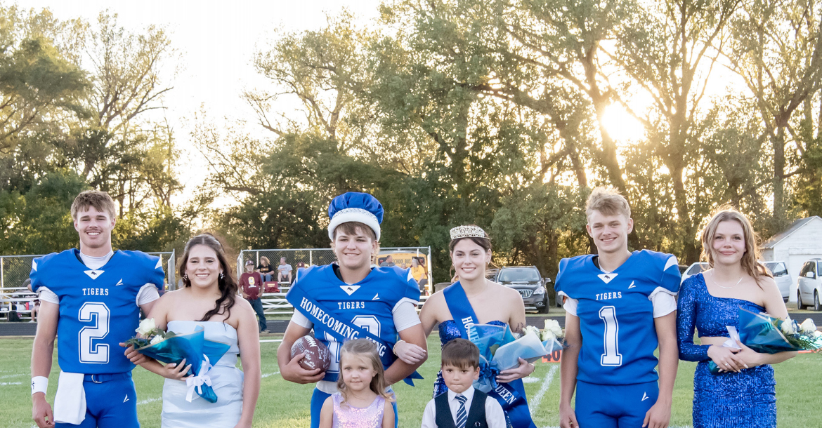 STOCKTON HIGH SCHOOL’S 2026 HOMECOMING ROYALTY took the field prior to the football game last Friday night. Dayton Carpenter and Camille Lowry were crowned King and Queen. Pictured from left are: Jace Kesler, Mia Odle, Dayton and Camille, Ashton Nuss, and Natalie Nuss. In front are Avery Kuhlmann and Sullivan Larson.