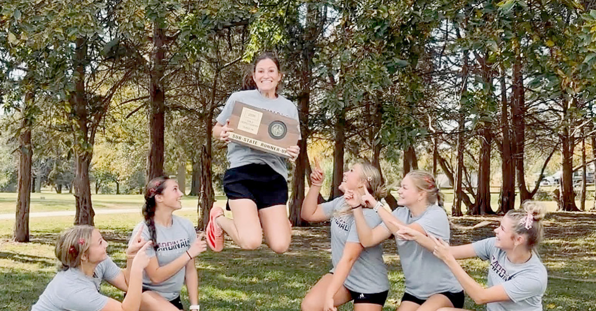 PLAINVILLE CROSS COUNTRY Coach Jessica Tien celebrates with her team following the sub-state cross country meet held last Saturday in Belleville. From left are: Hayden Staab, Shelby Molina, Tien, Maysa Pagura, Brilynn Trumpp, and Kinley Atchison. (Photo Courtesy of Tara Staab)
