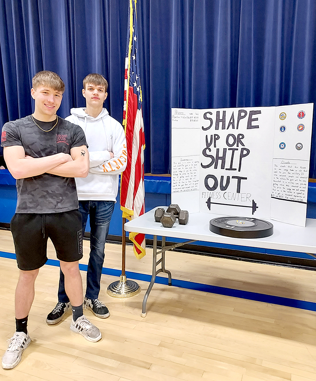 "SHAPE UP OR SHIP OUT" was the business concept of Austin Mitchell and Anthony Ciarallo (Stockton) at this year’s Rooks County YEC.