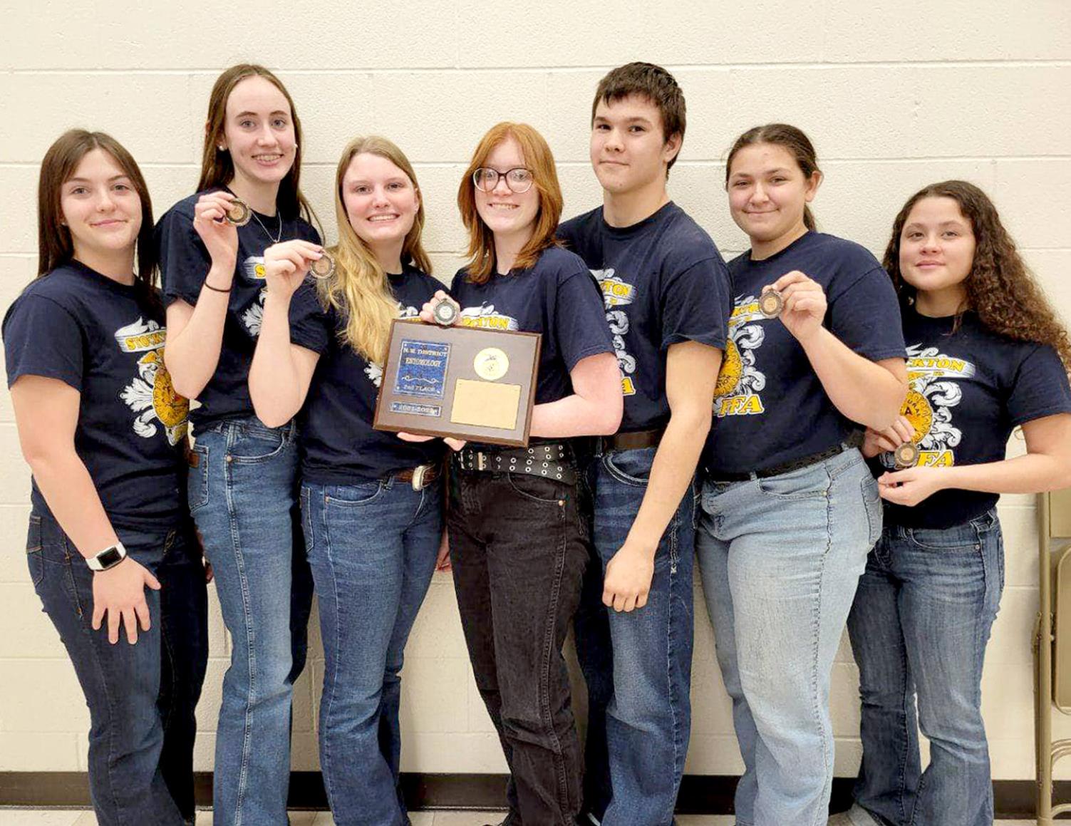 THE STOCKTON FFA SENIOR TEAM came away with second place at the NWD Entomology Contest held in Hays on March 8th. Pictured are (from left): Coryn Hahn, Cappi Hoeting, Jolee Sterling, Rachel Dryden, Zach Young, Raven Long and Tegan Bell.