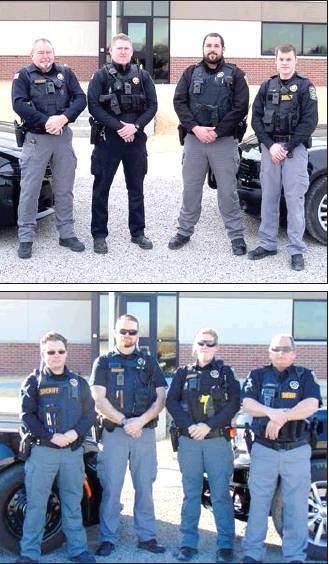 THE ROOKS COUNTY SHERIFF’S DEPARTMENT OFFICERS consist of (top picture) Deputy Don Earl, K-9 Sgt. Nolan Weiser, Deputy Randy Benoit, and Deputy Quintin Silsby; (bottom picture) Deputy Jesse Goodenow, Deputy Ben Larson, Deputy Lauren Tucker and Lieutenant Collin Hockett.