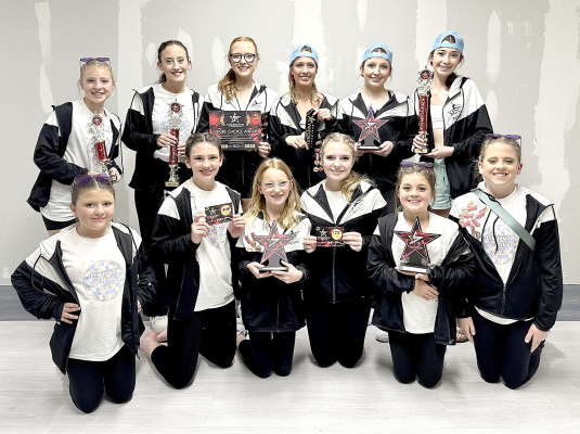 THE MOTION DANCE COMPANY recently competed at Regionals.They came home with many awards and have set their sights on Nationals in June. Pictured are (back row, from left): Saj Snyder, Ruthie Voss, Ella Snyder, Claire Plumer, Ryann Moffatt, Miley Moffatt; (front row, from left) Haddie Carpenter, Ella Knowles, Evelynn Hilbrink, Lyric Snyder, Serenity Carpenter, and Mia Odle.