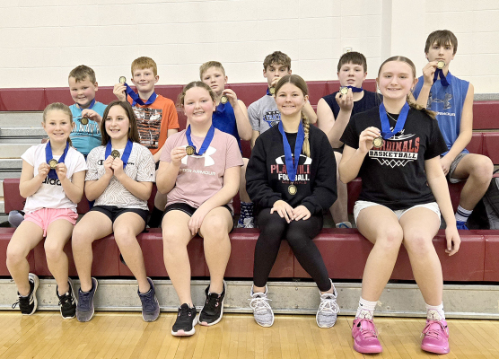 THE WINNERS OF THE DISTRICT K OF C FREE THROW CONTEST held in Plainville on Sunday, February 2nd, are (front row, from left) Amelia Casey, Annabelle Hrabe, Tessa Look, Kinsley Casey, Chloe Jackson; (back row, from left):Trent Look, Henry Hillard, Grayson Mongeau, Lane Muir, Garrison Mongeau, and Kolt Kuhlmann.