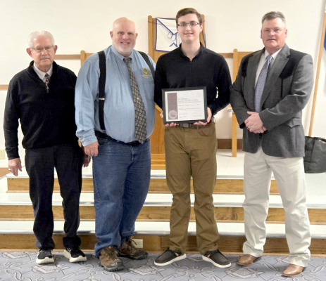 BEN MESECHER shared his experience at the Shrine Bowl Band Camp last summer in Dodge City during the Plainville Paradise Masonic Lodge No. 290 meeting on January 26th. Pictured are (from left to right) Tom Nuckols, Matthew Whitney, Ben Mesecher, and Darren Rubottom. (Courtesy Photo)