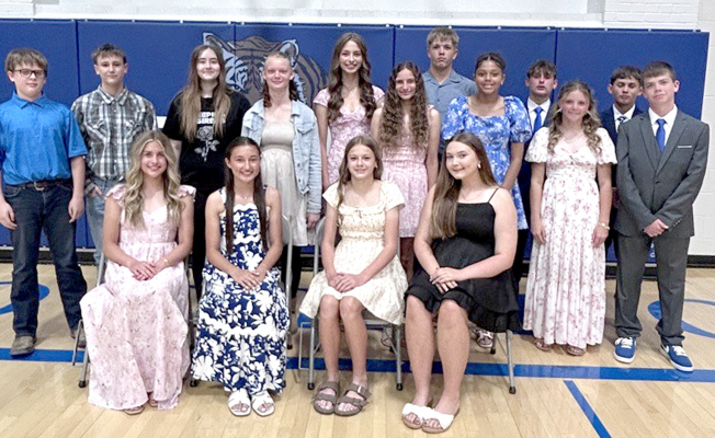 PICTURED ARE STOCKTON GRADE SCHOOL EIGHTH-GRADE STUDENTS at their promotion ceremony. Seated from left: Harper Rose Lowry, Corbyn Gabe Glendening, Paisley Sloane Shamburg, Hadlee Grace Sterling. Back row: Brodey Dean Odle, Chase S. Kuhlmann, Olivia Elizabeth Brassfield, Khloe Rebecca Jones, Addison Reece Dix, Kyndall Paige Kee-Hahn, Hudson Kale Muir, Ava L. McCoy, Lane Hunter Muir, Kyler Michael Hrabe, and Hudson David Ray Kriley.