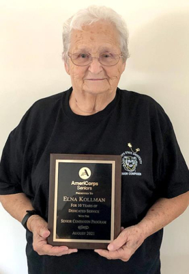 ELNA KOLLMAN was recently recognized for her 10 years of service as a Senior Companion.