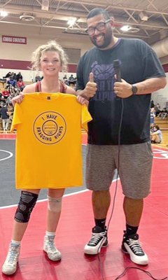 SENIOR ASHLYN HAHN participated in the nuclear wrestling Kansas Bragging Rights 2024 invitational wrestling tournament held on Sunday, November 10 in Rose Hill. Hahn, wrestling at 130, defeated the Class 5-6A’s two-time (2023 and 2024) state champion, Maya Tarbet of Garden City, with a 9-0 major decision. Congratulations, Ashlyn, on earning the right to brag! Hahn is the daughter of Travis and Angela Hahn, Stockton.