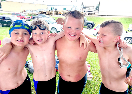 HUDSON HORN, Jevin Rush, Trent Look, and Grandon Mongeau were pumped for the swim season to start! The first meet was held in Stockton on Saturday, June 1st.