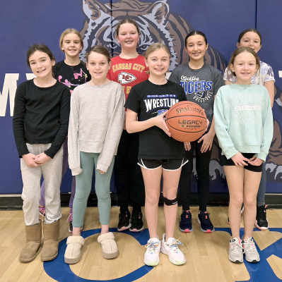 GIRLS PARTICIPATING in the St.Thomas K of C Free Throw Contest on Sunday, January 26th, were (front row, from left) Maggy Swaney, Kynlee Collins, Emery Peterson, Jessa Swaney; (back row, from left) Makinley Riener, Tessa Look, Corbyn Glendening, and Cambry Glendening.