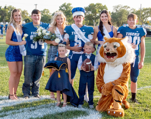 THE SHS HOMECOMING QUEEN AND KING crowning ceremonies were held on Friday, September 13th. Pictured are the Homecoming royalty (front row from left) Charity Balthazor, Cayson Earl, Tiger; (back row, from left) Ava Dix, Ryan Mongeau, Queen Ashlyn Hahn, King Emerson Lowry, Aubrey Kesler, and Cason Iwanski.