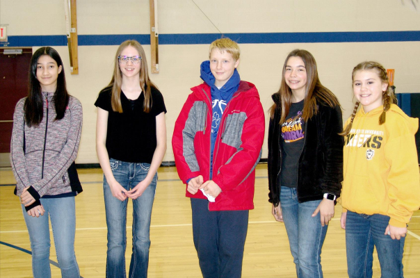 THE GRADE SCHOOL STUDENTS who will represent Stockton at the Rooks County Spelling Bee are (from left) Champion Jalia Creighton, Cheyenne Hoeting, Pierce Gray, Bodye Stithem and alternate Blaire Beougher.