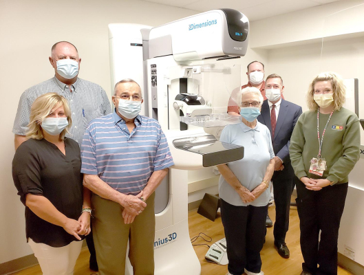 PICTURED left to right include: Kayla Hilbrink (Heartland Community Foundation board member), Doug Wiltfong (Astra Bank), Cecil Crawford, Eleanor Becker, Carson Lemarr (president of Rooks County Healthcare Foundation), Brien Stockman (Dane G. Hansen Foundation Trustee); and Sam Pfannenstiel (RCH Mammography Technologist)