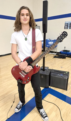 PARKER MUEHLEISEN had the crowd on its feet at the Stockton Tiger Nation Kick-Off on Friday night with his unique high-energy performance of “Eye Of The Tiger.” Parker also started the pep assembly by playing the National Anthem. Muehleisen is part of the heavy metal and rock band Hellevader, formed with his brother Carter.
