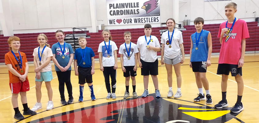WINNERS at the District Knights of Columbus Free Throw Contest held in Plainville on February 4th were Henry Hillard, Makinley Riener, Tessa Look, Grayson Mongeau, Kinsley Casey, Brevyn Wyatt, Garrison Mongeau, Chloe Jackson, Kolt Kuhlmann, and Trevor Gosser.