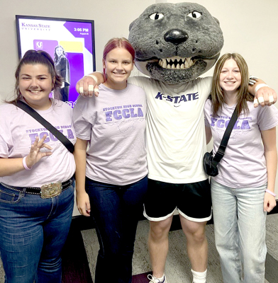 STOCKTON FCCLA OFFICERS spent Sunday, August 25th and Monday, August 26th, at the Kansas FCCLA Take AIM Conference at Kansas State University in Manhattan. They networked with members from all over the state and are bringing back fun ideas for the local chapter. Pictured are Rivver Long, Paytyn McNulty, Willie the Wildcat, and Ryleigh Gardner.