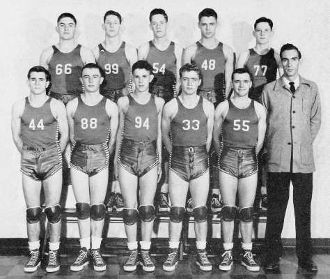 PLAYING ON THE 1950 PLAINVILLE HIGH SCHOOL’S BASKETBALL A TEAM were (front row from left) Gene Jaco, Eldon Westhusin, Phil Parker, Bob Gilbert, Don Prickett, coach Bill Porterfield; (back row) Max Dougherty, Pat Vinzant, Ken DeBolt, John Clark, and Dale Darnell.