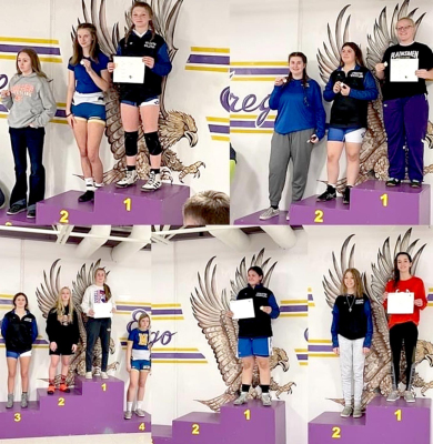 MEMBERS OF THE STOCKTON GIRLS WRESTLING TEAM placing at the 2022 Mid-Continent League Wrestling Tournament last Friday in WaKeeney were, clockwise from top left: Ashlyn Hahn 1st, Rivver Long 2nd, Shyanne Balthazor 3rd, Raven Long 1st, and Kymberle LeiVan 2nd.