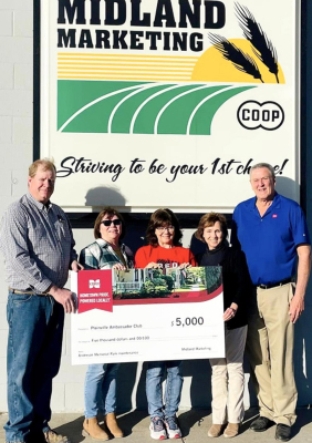 STEVE HAGEMAN, pictured far left, petroleum manager at Midland Marketing; Susan Stahl, Sheila Hachmeister and Lora Weigel, representing the Plainville Ambassador Club, and Rocky Bell, district representative for CHS Inc.