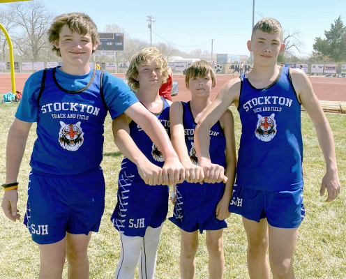 STOCKTON’S 7TH-GRADE BOYS 4X200 METER RELAY TEAM of Dalton Ard, Vince Thayer, Titus Ferguson and Landon Roenne took first place at the 2023 Phillipsburg Middle School Invitational held last Thursday, with a time of 2:01.21. The group won the same event at Stockton, two days earlier, running it in a time of 2:01.00. (Courtesy Photo)