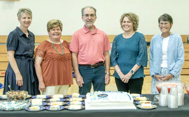 HONORING A COMBINED LEGACY OF DEDICATION AND LEADERSHIP, five members of the USD No. 271 staff were recognized during a “Legacy of Leadership” Celebration held last Friday in the junior high gymnasium. Retiring at the close of the 2025-26 school year are, from left, Stacey Green, Vicki Green, Scott Bennett, Terri Bennett, and Beth Hazen.