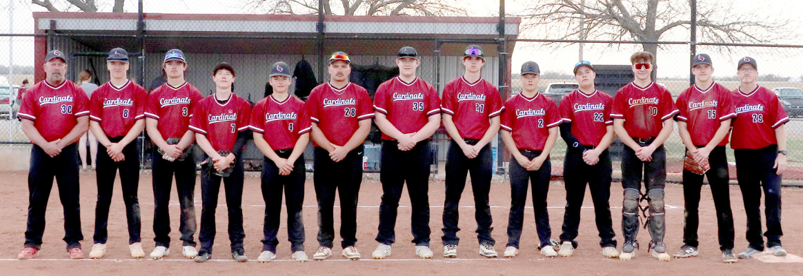 THE 2026 PLAINVILLE CARDINALS BASEBALL TEAM consisted of, from left: Coach Ryan Becker, Colby Nuss, Zayne Stahl, Quinton Maddox, Carson Ditter, Ryddik Bethel, Corbyn Phlieger, Dalton Woolman, Easton Ditter, Corbyn Meyer, Braylon Becker, Reid Stamper, and Coach Wade Ditter. (Photo courtesy of PHS Yearbook)