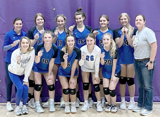 THE STOCKTON LADY TIGERS placed second last Saturday at the Trego Volleyball Tournament held in WaKeeney. Front row, from left are: Breckyn Williams, Ashlyn Hahn, Claire Plumer, Brooke Kephart and Saj Snyder; and back row, from left: assistant