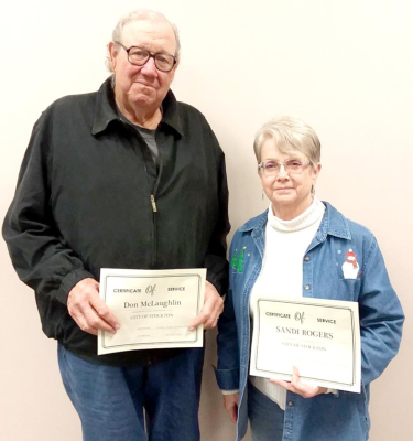 AT THE STOCKTON CITY COMMISSION MEETING held on Tuesday, December 15th, city commissioners Don McLaughlin (12 years) and Sandi Rogers (9 years) were honored for their years of service on the board.