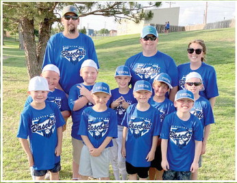 COACH PITCH BASEBALL (BLUE TEAM) : Front row (l to r): Grandon Mongeau, Tucker Green, Oakley Green, and Ryder Swaney; Middle row: Trent Look, Jack Morgan, Henry Berkley, Cohen Muir, and Wyatt Maddy; and Coaches: Blake Maddy, Chase Look, and Sadie Look.