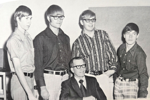 THE 1971-1972 STOCKTON HIGH SCHOOL KAY CLUB COUNCIL MEMBERS were (from left) Alan LeSage, LeRoy Cabbage, sponsor Mr.Winton Sheffer (seated), David Hrabe, and Harry Colburn.
