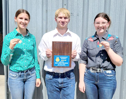 THE STOCKTON FFA GREENHAND TEAM placed second out of 17 schools in their division at the Northwest District Dairy Cattle Judging Contest on Monday, September 9th. Pictured are (from left Meredith Gasper (second place, Isaac Thayer, and Kourtnie Bird (eighth place). There were 81 participants.